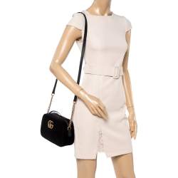 Pre Owned Gucci Black Matelasse Velvet Small GG Marmont Shoulder Bag