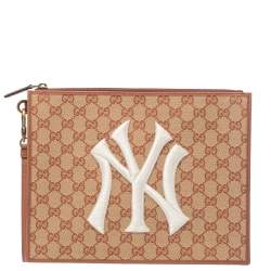 Gucci Beige/Brown GG Canvas and Leather New York Yankees Patch Pouch