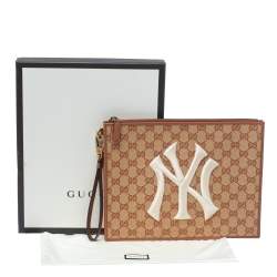 Gucci Beige/Brown GG Canvas and Leather New York Yankees Patch Pouch