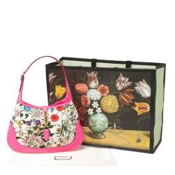 Pre Owned Gucci Neon Pink Floral Print Canvas and Leather Jackie Hobo