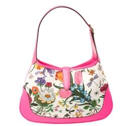 Pre Owned Gucci Neon Pink Floral Print Canvas and Leather Jackie Hobo