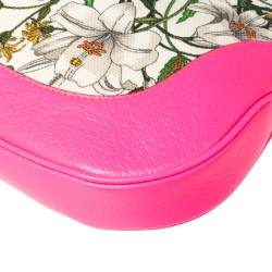 Pre Owned Gucci Neon Pink Floral Print Canvas and Leather Jackie Hobo