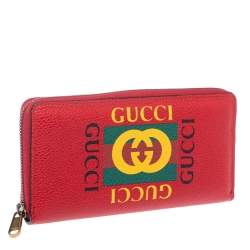 Pre Owned Gucci Red Grained Leather Logo Zip Around Continental Wallet