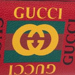 Pre Owned Gucci Red Grained Leather Logo Zip Around Continental Wallet