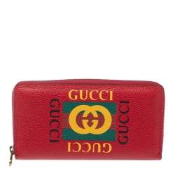 Pre Owned Gucci Red Grained Leather Logo Zip Around Continental Wallet