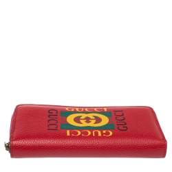 Pre Owned Gucci Red Grained Leather Logo Zip Around Continental Wallet