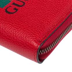 Pre Owned Gucci Red Grained Leather Logo Zip Around Continental Wallet