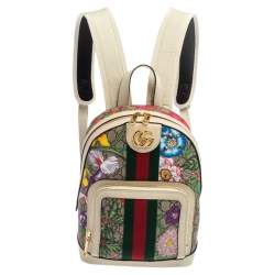 Pre Owned Gucci White GG Supreme Canvas and Leather Small Ophidia Flora Backpack