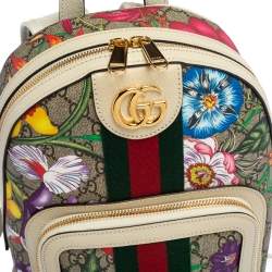 Pre Owned Gucci White GG Supreme Canvas and Leather Small Ophidia Flora Backpack