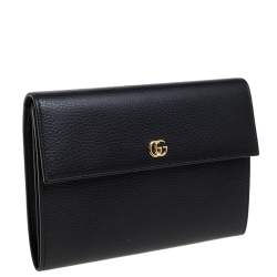 Pre Owned Gucci Black Leather Double GG Flap Clutch