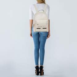 Pre Owned Gucci Off White Leather Logo Print Backpack
