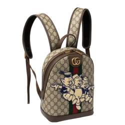 Pre Owned Gucci Beige GG Supreme Canvas and Leather Disney Three Little Pigs Ophidia Backpack