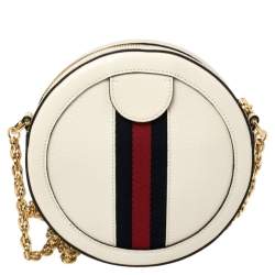 Pre Owned Gucci White Leather Mini Ophidia Round Shoulder Bag   
