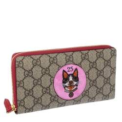 Pre Owned Gucci Beige/Red GG Supreme Limited Edition Bosco Patch Zip Around Wallet