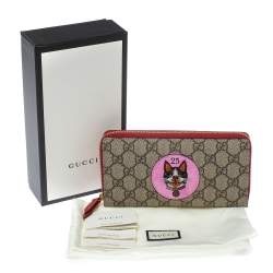 Pre Owned Gucci Beige/Red GG Supreme Limited Edition Bosco Patch Zip Around Wallet