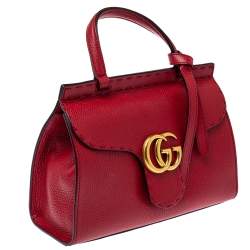 Pre Owned Gucci Red Leather Mini GG Marmont Top Handle Bag