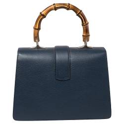 Pre Owned Gucci Navy Blue Leather Medium Dionysus Bamboo Top Handle Bag