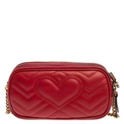 Gucci Red Matelasse Leather GG Marmont Triple Zip Chain Bag