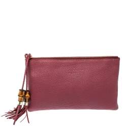 Pre Owned Gucci Dark Pink Leather Bamboo Tassel Clutch