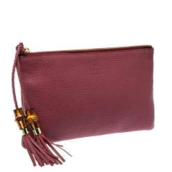 Pre Owned Gucci Dark Pink Leather Bamboo Tassel Clutch