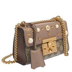 Pre Owned حقيبة كتف غوتشي مرصع قفل جلد و كانفاس مقوى جي جي سوبريم وردي 