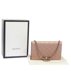 Pre Owned Gucci Pink Guccissima Leather Bow Flap Wallet on Chain