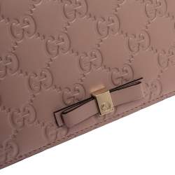 Pre Owned Gucci Pink Guccissima Leather Bow Flap Wallet on Chain