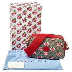 Pre Owned Gucci Red Leather and GG Supreme Apple Motif Camera Bag