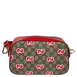 Pre Owned Gucci Red Leather and GG Supreme Apple Motif Camera Bag