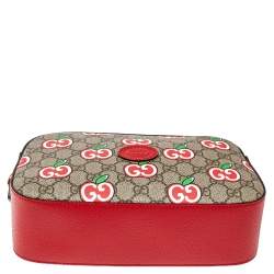 Pre Owned Gucci Red Leather and GG Supreme Apple Motif Camera Bag