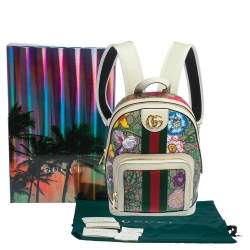 Pre Owned Gucci White GG Supreme Canvas and Leather Small Ophidia Flora Backpack