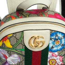 Pre Owned Gucci White GG Supreme Canvas and Leather Small Ophidia Flora Backpack