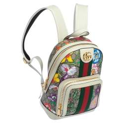 Pre Owned Gucci White GG Supreme Canvas and Leather Small Ophidia Flora Backpack