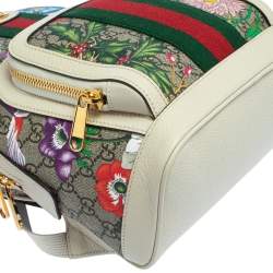 Pre Owned Gucci White GG Supreme Canvas and Leather Small Ophidia Flora Backpack