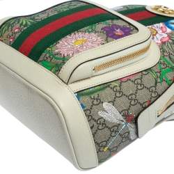 Pre Owned Gucci White GG Supreme Canvas and Leather Small Ophidia Flora Backpack