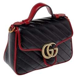 مملوكة مسبقًا Gucci Black/Red Matelasse Leather Mini GG Marmont Torchon Top Handle Bag