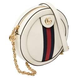 Pre Owned Gucci White Leather Mini Ophidia Round Shoulder Bag   