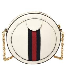 Pre Owned Gucci White Leather Mini Ophidia Round Shoulder Bag   