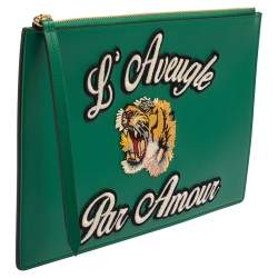 Pre Owned Gucci Green Leather L'Aveugle Par Amour Pouch
