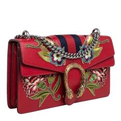 مملوكة مسبقًا Gucci Red Leather Floral Embroidered Small Dionysus Shoulder Bag