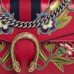 مملوكة مسبقًا Gucci Red Leather Floral Embroidered Small Dionysus Shoulder Bag