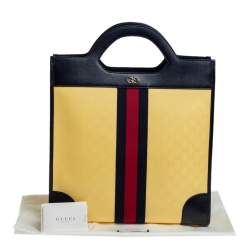 Pre Owned Gucci Yellow/Navy Blue Leather GG Crystal Canvas and Leather Medium Ophidia Tote