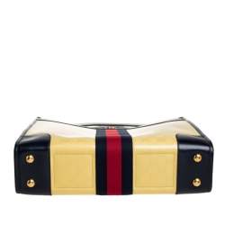 Pre Owned Gucci Yellow/Navy Blue Leather GG Crystal Canvas and Leather Medium Ophidia Tote