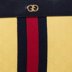 Pre Owned Gucci Yellow/Navy Blue Leather GG Crystal Canvas and Leather Medium Ophidia Tote