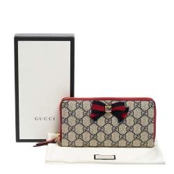 Pre Owned Gucci Red/Navy Blue GG Supreme Canvas Crystal Embellished Bow Zip Around Wallet