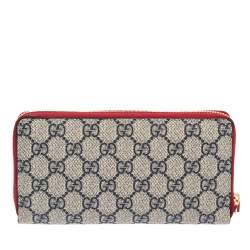 Pre Owned Gucci Red/Navy Blue GG Supreme Canvas Crystal Embellished Bow Zip Around Wallet