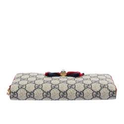 Pre Owned Gucci Red/Navy Blue GG Supreme Canvas Crystal Embellished Bow Zip Around Wallet