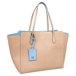 Pre Owned Gucci Beige/Blue Leather Swing Tote Bag