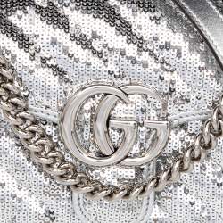 Pre Owned Gucci Silver Diagonal Sequins And Leather Mini GG Marmont Shoulder Bag