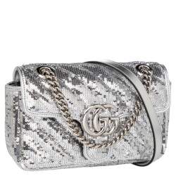 Pre Owned Gucci Silver Diagonal Sequins And Leather Mini GG Marmont Shoulder Bag